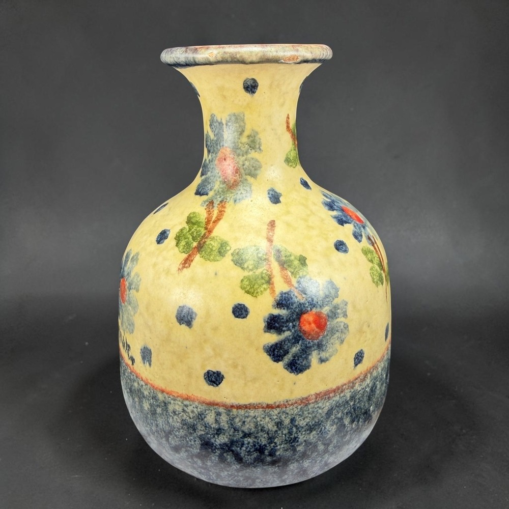 Vintage Italian Pottery Floral Bud Vase Hand Painted Italy Yellow Blue 4 Inch